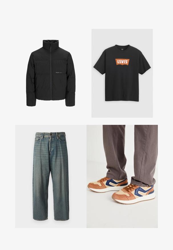 Čierna puffová bunda s vysokým golierom, predným zipsom a prešívaným dizajnom. Hladká tkanina s jemným logom na hrudi.; Čierne bavlnené tričko s veľkým oranžovým logom Levi's na prednej strane, s krátkymi rukávmi a okrúhlym výstrihom.; Svetlomodré denimové nohavice so voľným strihom, stredne vysokým pásom a rovnými nohavicami. Obsahujú päť vreciek, pútka na opasok a zapínanie na gombík.; Tenisky s kombináciou pieskového semišu a krémového syntetického materiálu, so modrým akcentom a textúrovanou podrážkou; hnedé šnúrky; nosené s sivými pruhovanými nohavicami.