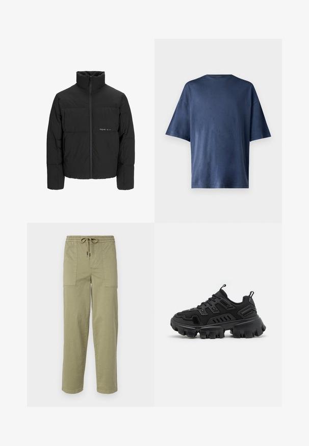 Chaqueta acolchada negra con un alto cuello, cierre frontal de cremallera y diseño acolchado. Tejido suave con un logo sutil en el pecho.; Camiseta de manga corta azul marino, hecha de una tela suave, con un cuello redondo clásico y un corte relajado, sin patrones ni acentos visibles.; Pantalones verde oliva claro hechos de una mezcla de algodón, con una cinturilla elástica y cordón, y dos grandes bolsillos laterales.; Zapatilla deportiva negra con suela de goma texturizada, elementos de diseño en capas y acentos reforzados. Cuenta con cordones y una lengüeta en el talón.
