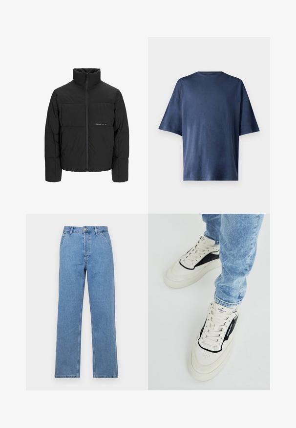 Fekete puff dzseki magas gallérral, elülső cipzárral és steppelt kialakítással. Simaságú anyag, finom logóval a mellkason.; Tengerészkék, rövid ujjú póló, puha anyagból készült, klasszikus kerek nyakkal és laza szabással, látható minták vagy díszítések nélkül.; Világoskék farmer egyenes szárú nadrág klasszikus öt zsebes kialakítással, elülső gombos záródással és övhurkokkal. Simaság jellemzi.; Krémszínű bőrből készült sportcipő, fekete velúr kiegészítőkkel, perforált orral és fehér talppal. A fűzők és a márkajelzés a nyelvén látható.