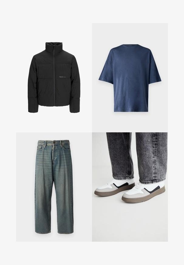 Črni pufast plašč z visokim ovratnikom, sprednjim zadrgo in prešitjem. Gladka tkanina z diskretnim logotipom na prsih.; Temno modra kratka majica s kratkimi rokavi, izdelana iz mehkega materiala, ima klasičen kroj ovratnika in sproščen fit, brez vidnih vzorcev ali poudarkov.; Svetlomoderne kavbojke z ohlapnim krojem, srednjim pasom in ravnimi nogami. Imajo pet žepov, zanke za pas in zapiranje na gumb.; Call it Spring FRESHH - Športni copati - multi-coloured