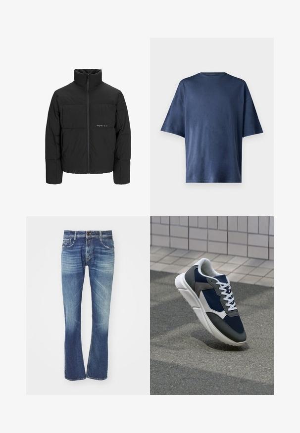 Chaqueta acolchada negra con un alto cuello, cierre frontal de cremallera y diseño acolchado. Tejido suave con un logo sutil en el pecho.; Camiseta de manga corta azul marino, hecha de una tela suave, con un cuello redondo clásico y un corte relajado, sin patrones ni acentos visibles.; Jeans de mezclilla azul oscuro con un efecto de degradado desvanecido, diseño de pierna recta, estilo clásico de cinco bolsillos y cierre de botón metálico.; Zapatillas con una parte superior de malla azul marino, detalles en gamuza gris, suela de goma blanca y cordones blancos planos, diseñadas para la comodidad y transpirabilidad.