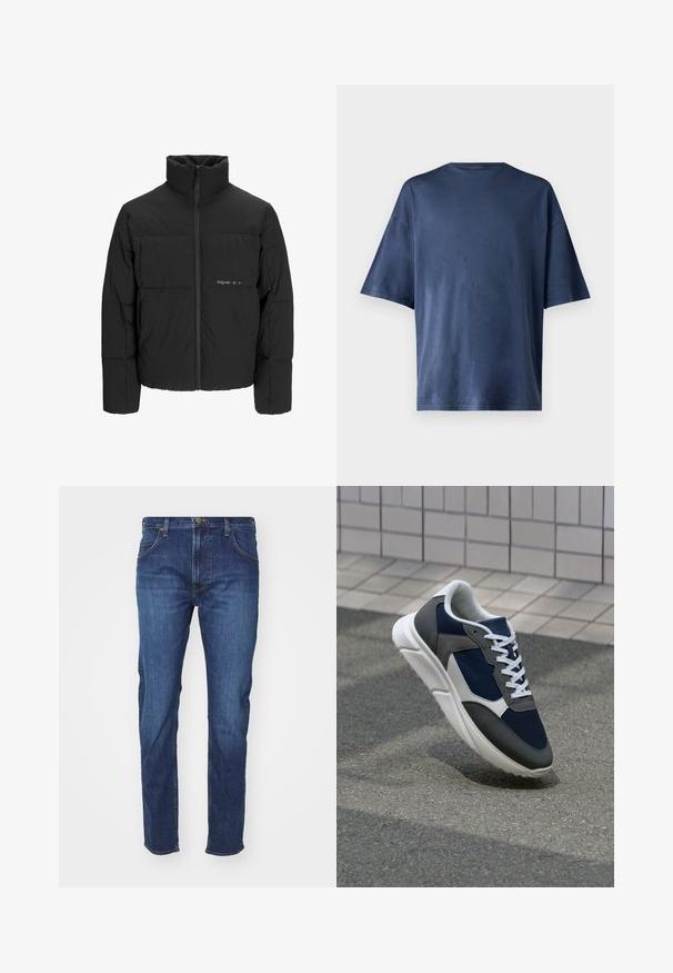 Czarna kurtka puchowa z wysokim kołnierzem, z przodu na zamek błyskawiczny i pikowanym wzorem. Gładki materiał z subtelnym logo na piersi.; Granatowa koszulka z krótkim rękawem, wykonana z miękkiego materiału, z klasycznym okrągłym dekoltem i luźnym krojem, bez widocznych wzorów czy akcentów.; Granatowe dżinsy o prostym kroju, z zapięciem na guzik, pięcioma kieszeniami i klasycznymi detalami przeszyć.; Sneakers z granatową siateczkową cholewką, szarymi zamszowymi akcentami, białą gumową podeszwą i płaskimi białymi sznurówkami, zaprojektowane z myślą o komforcie i wentylacji.