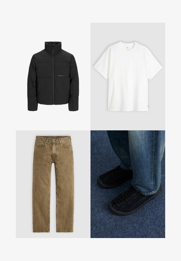 Schwarze Pufferjacke mit hohem Kragen, Front-Reißverschluss und gestepptem Design. Glattes Material mit dezentem Logo auf der Brust.; Weißes T-Shirt mit kurzen Ärmeln aus Baumwolle und rundem Halsausschnitt. Besitzt ein dezentes, geprägtes Logo-Detail auf der Vorderseite und ein rotes Etikett am Saum.; Hellbraune Denim-Jeans mit geradem Bein, fünf Taschen und Beschlägen in Kupferfarbe. Texturiertes Material mit sichtbaren Nähdetails.; Schwarze Wildleder-Sneaker mit strukturiertem Obermaterial, dezenten Schnürsenkeln und haltbaren Gummisohlen, kombiniert mit blauen Jeans.