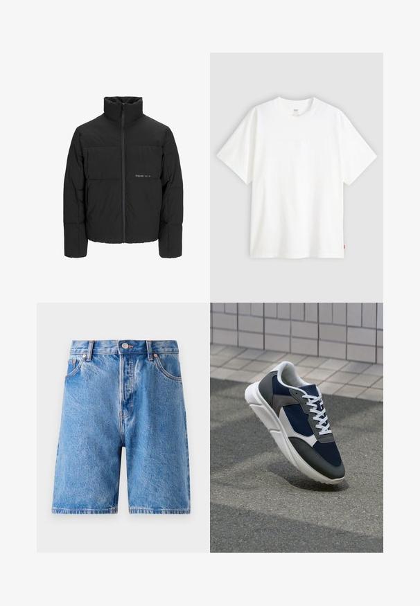 Jachetă puffer neagră, cu guler înalt, închidere cu fermoar pe față și design matlasat. Material neted cu un logo subtil pe piept.; Tricou alb cu mânecă scurtă, confecționat din bumbac, cu gât rotund. Prezintă un detaliu logo subtil embosat pe față și un etichetă roșie la tiv.; Shorts din denim de culoare albastră deschisă, cu un aspect decolorat. Prezintă un design clasic cu cinci buzunare, închidere cubutton și tetine de tonalitate cupru.; Adidași cu un uppers din plasă albastră închisă, accente din suede gri, talpă din cauciuc alb și șireturi plate albe, concepuți pentru confort și respirabilitate.