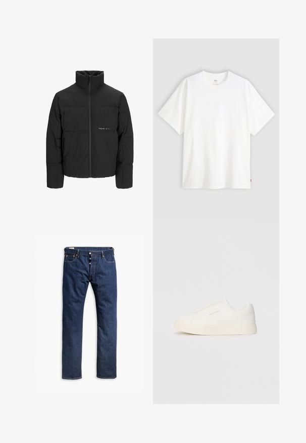 Doudoune noire avec un col haut, fermeture éclair sur le devant et design matelassé. Tissu lisse avec un logo subtil sur la poitrine.; T-shirt blanc à manches courtes en coton avec col rond. Présente un détail de logo en relief discret à l'avant et une étiquette rouge à l'ourlet.; Jean en denim bleu foncé avec une coupe droite, des coutures contrastées, une fermeture à boutons et un style à cinq poches.; Baskets blanches sans lacets avec une surface texturée, une semelle épaisse et un design minimaliste. Présente le logo de la marque sur le côté.