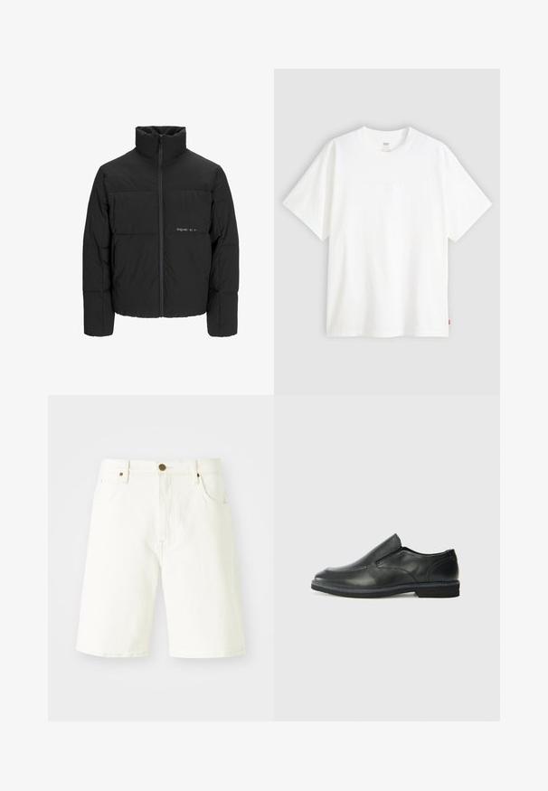 Crna puffer jakna s visokim ovratnikom, prednjim zatvaračem i kviltanim dizajnom. Glatka tkanina s suptilnim logotipom na prsima.; Bijela kratka majica od pamuka s okruglim izrezom. Sadrži suptilni reljefni logo detalj sprijeda i crvenu oznaku na rubu.; Bijele traperice kratke hlače ravnog kroja, klasičnog dizajna s pet džepova i zatvaranjem na bakreni gumb. Glatka tekstura i obrubljeni rubovi.; Crne kožne cipele na sklapanje s glatkom gornjom površinom, prošivenim detaljima, zaobljenim vrhom i niskim gumene potplate. Potplat ima minimalne uzorke.
