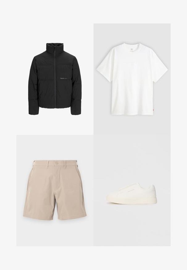 Giubbotto bomber nero con colletto alto, chiusura frontale con zip e design trapuntato. Tessuto liscio con un logo discreto sul petto.; T-shirt bianco a maniche corte in cotone con collo rotondo. Presenta un discreto dettaglio logo in rilievo sulla parte frontale e un'etichetta rossa sull'orlo.; Pantaloni corti beige realizzati in tessuto leggero, dotati di quattro tasche e chiusura con bottone, con una consistenza liscia e un design a taglio dritto.; Sneakers bianchi slip-on con superficie texturizzata, suola spessa e design minimalista. Presentano il logo del marchio sul lato.