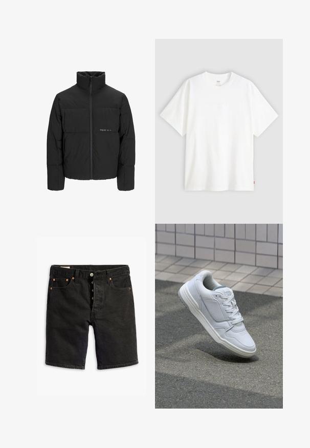 Melnā pūka jaka ar augstu apkakli, priekšējo rāvējslēdzēju un quilted dizainu. Gluda auduma virsma ar maigu logotipu uz krūšu daļas.; Balta īslaicīga T-krekla ar īsām piedurknēm, kas izgatavots no kokvilnas, ar apaļu kakla izgriezumu. Priekšpusē ir smalks reljefs ar logotipu un sarkans birka apakšmalā.; Levi's® ORIGINAL - Džinsa auduma šorti - black; Baltas ādas sporta apavi ar perforētiem sāniem, teksturētām akcentiem, plakanu šņorēšanu un kontrastējošu pelēku papēdi. Iezīmē nedaudz paaugstinātu zole.