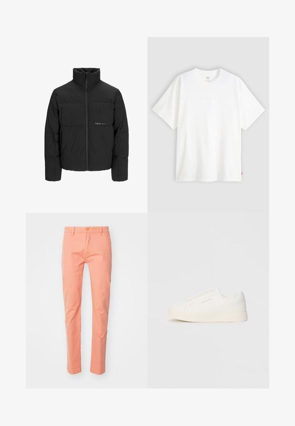 Black puffer jacket featuring a high collar, front zip closure, and quilted design. Smooth fabric with a subtle logo on the chest.; White short-sleeve t-shirt made of cotton with a crew neck. Features subtle embossed logo detail on the front and a red label at the hem.; Peach-colored, slim-fit pants made of cotton with a smooth texture, featuring a button closure and belt loops, cut to a tapered ankle.; White slip-on sneakers with a textured surface, a thick sole, and minimalistic design. Features brand logo on the side.