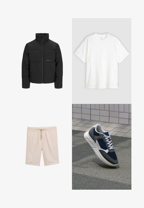 Doudoune noire avec un col haut, fermeture éclair sur le devant et design matelassé. Tissu lisse avec un logo subtil sur la poitrine.; T-shirt blanc à manches courtes en coton avec col rond. Présente un détail de logo en relief discret à l'avant et une étiquette rouge à l'ourlet.; Shorts en mélange de coton beige avec une taille élastique, un détail de cordon de serrage et des ourlets roulés. Texture lisse, sans motifs ni accessoires.; Baskets avec une tige en mesh bleu marine, des accents en suède gris, une semelle en caoutchouc blanc et des lacets plats blancs, conçues pour le confort et la respirabilité.