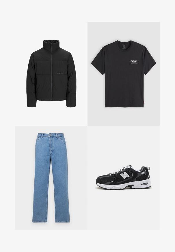 Fekete puff dzseki magas gallérral, elülső cipzárral és steppelt kialakítással. Simaságú anyag, finom logóval a mellkason.; Fekete pamut póló rövid ujjakkal és kerek nyakkal. Bal mellen egy kis fehér grafikai nyomat található. Sima textúra.; Világoskék farmer egyenes szárú nadrág klasszikus öt zsebes kialakítással, elülső gombos záródással és övhurkokkal. Simaság jellemzi.; Fekete és szürke sportcipők hálós és velúr felsőrésszel, fehér középtalppal, fűzős megoldással és egy merész "N" logóval az oldalon.