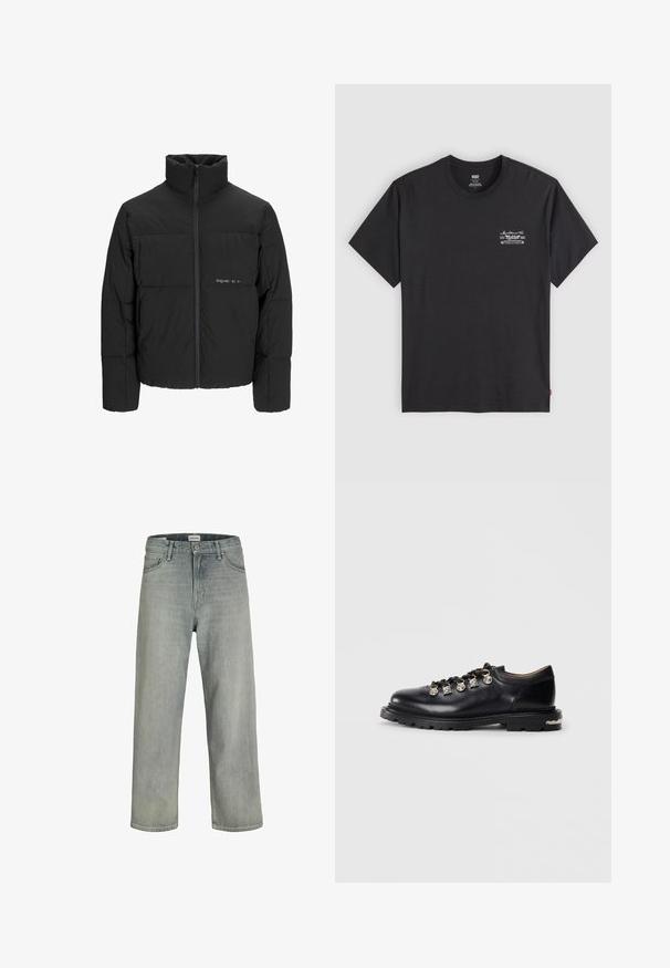 Crna puffer jakna s visokim ovratnikom, prednjim zatvaračem i kviltanim dizajnom. Glatka tkanina s suptilnim logotipom na prsima.; Crna pamučna majica kratkih rukava s okruglim izrezom. Ima mali bijeli grafički print na lijevoj strani prsiju. Glatka tekstura.; Svijetlosive, široke traperice napravljene od denima. Imaju klasičan dizajn s pet džepova, petlje za remen i ravni kroj nogavica.; Crne kožne niske cipele s debelim đonom, metalnim rupicama, ukrasnim srebrnim šarmovima na vezicama i teksturiranim gaznim slojem.