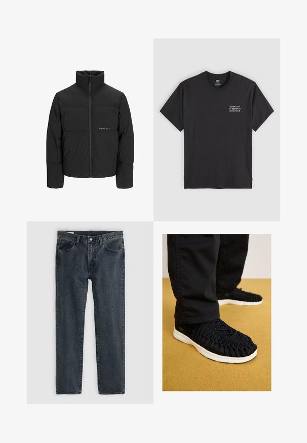 Doudoune noire avec un col haut, fermeture éclair sur le devant et design matelassé. Tissu lisse avec un logo subtil sur la poitrine.; T-shirt en coton noir à manches courtes et col rond. Présente un petit print graphique blanc sur la poitrine gauche. Texture lisse.; Jean en denim bleu foncé avec une coupe droite, cinq poches et une fermeture à bouton. Le tissu présente une légère décoloration et texture.; Baskets noires avec tige en tissu tressé, bout rond et semelle blanche. Système de laçage en haut et texture détaillée sur le corps.