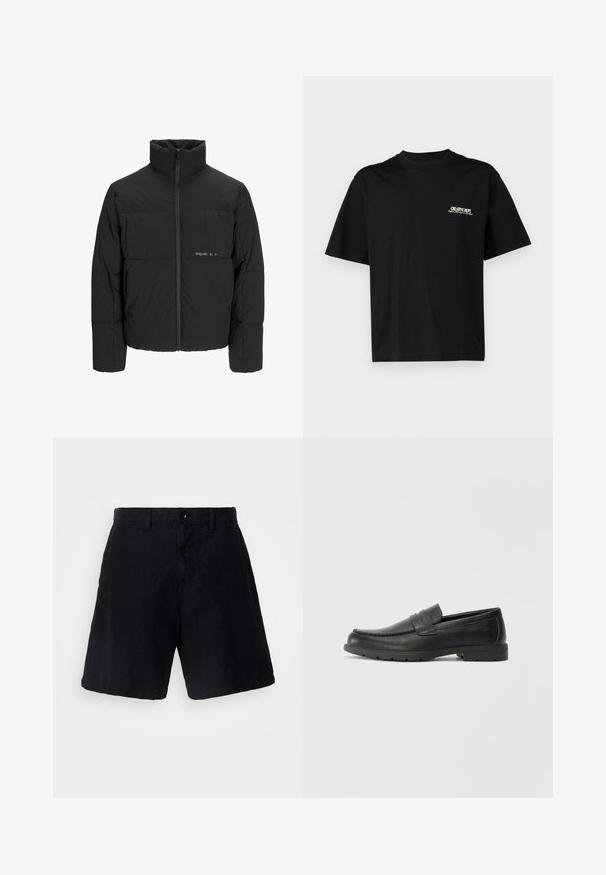 Giubbotto bomber nero con colletto alto, chiusura frontale con zip e design trapuntato. Tessuto liscio con un logo discreto sul petto.; T-shirt in cotone nero con maniche corte, scollatura rotonda e stampa in bianco e oro sulla parte sinistra del petto, caratterizzata da una vestibilità rilassata.; Pantaloni neri realizzati in un tessuto leggero con una vestibilità rilassata, dotati di chiusura con bottone, passanti per cintura e tasche laterali.; Mocassini neri in pelle con una finitura liscia, parte superiore in stile mocassino, dettagli cuciti e suola in gomma. Design classico con tacco basso.