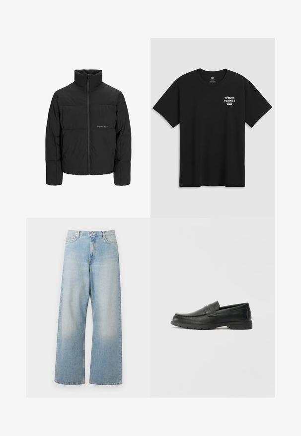 Schwarze Pufferjacke mit hohem Kragen, Front-Reißverschluss und gestepptem Design. Glattes Material mit dezentem Logo auf der Brust.; Schwarzes Baumwoll-T-Shirt mit einem Brustdruck, der in einer weißen, stilisierten Schrift "HAUSPFLANZEN" und darunter "Levi's" zeigt. Klassischer Rundhalsausschnitt.; Helle blaue weit geschnittene Jeans aus Denim, mit hoher Taille, Fronttaschen und einem ausgewaschenen Look mit subtilen Abzeichen an den Oberschenkeln.; Schwarze Lederloafers mit glatter Oberfläche, Mokassin-oberteil, genähten Details und Gummisohle. Klassisches Design mit niedrigem Absatz.
