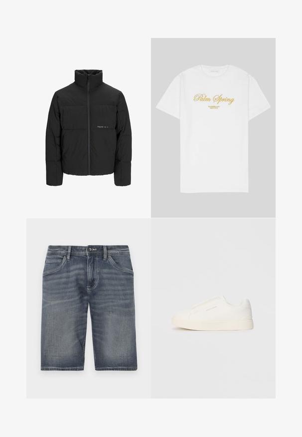 Musta puhvijakku, jossa on korkea kaulus, etuvetoketju ja tikattu muotoilu. Sileä kangas, jossa on hienovarainen logo rinnassa.; Valkoinen puuvillapaita, jossa on kultainen teksti "Palm Spring" ja sen alla "California Love Eighty Five". Rentomalli, pyöreä kaula-aukko.; Farkkushortsit haalistuneessa sinisessä sävyssä, joissa on nappi- ja vetoketjukiinnitys, viisi taskua ja näkyvät ompeluseikat.; Valkoiset liukusukat, joissa on teksturoitu pinta, paksu pohja ja minimalistikot. Sivulla on brändin logo.