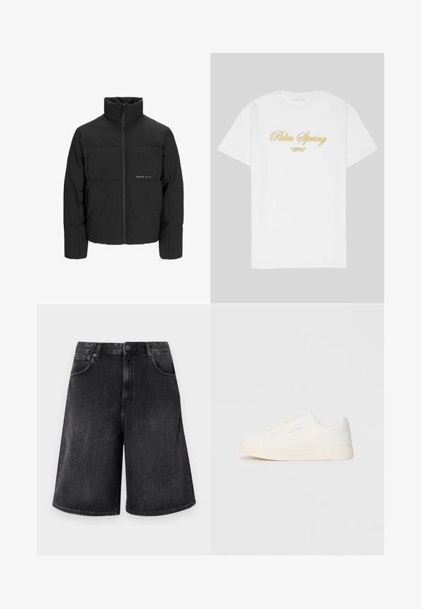 Zwarte pufferjas met een hoge kraag, ritssluiting aan de voorkant en een quilted design. Glad materiaal met een subtiel logo op de borst.; Witte katoen t-shirt met gouden tekst waarop staat "Palm Spring" met daaronder "California Love Eighty Five", ontspannen pasvorm, ronde hals.; Zwarte denim shorts met een brede, rechte snit, voorzien van een knoopsluiting aan de voorkant en vijf zakken. Zachte textuur met een vervaagd uiterlijk.; Witte instap sneakers met een gestructureerd oppervlak, een dikke zool en een minimalistisch ontwerp. Bevat het merklogo aan de zijkant.