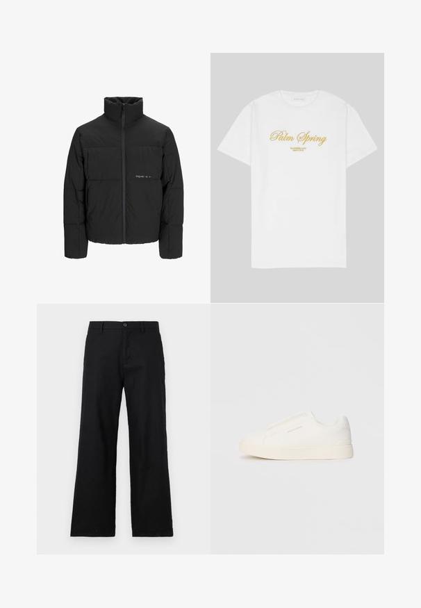 Svart boblejakke med høy krage, frontåpning med glidelås og kviltet design. Glatt stoff med en subtil logo på brystet.; Hvit bomulls t-skjorte med gulltekst som sier "Palm Spring" med "California Love Eighty Five" under, avslappet passform, rund halsdesign.; Sorte, rette bukser laget av bomull, med knappelukking og beltehemper. Glatt tekstur uten synlige mønstre eller detaljer.; Hvite slip-on joggesko med teksturert overflate, tykk såle og minimalistisk design. Har merkevarelogo på siden.