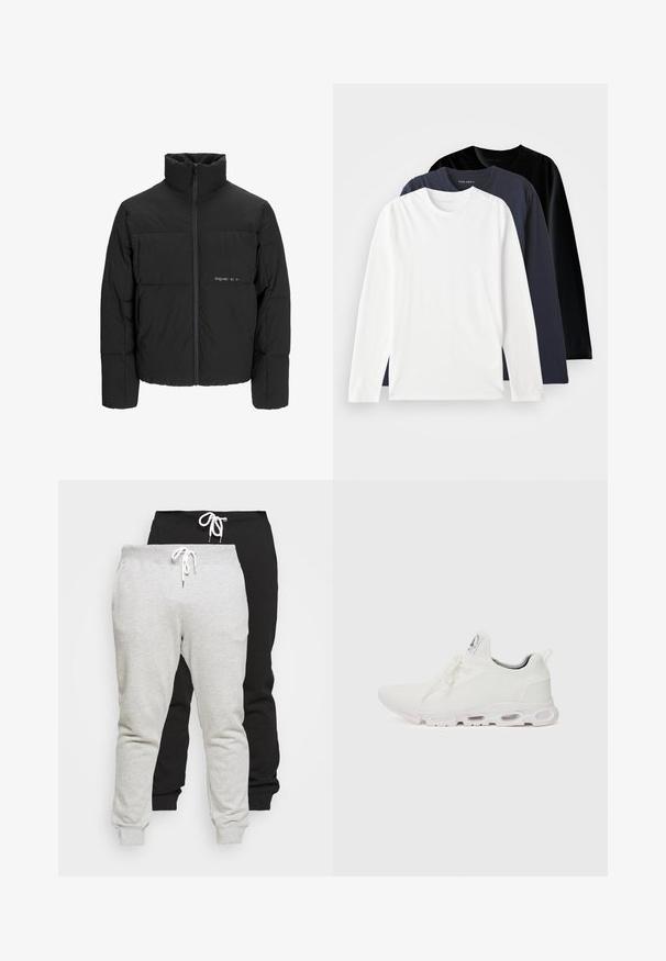 Crna puffer jakna s visokim ovratnikom, prednjim zatvaračem i kviltanim dizajnom. Glatka tkanina s suptilnim logotipom na prsima.; Tri dugih rukava T-majice složene: jedna bijela, jedna tamnoplava i jedna crna. Izrađene od glatke pamučne tkanine, s okruglim izrezima i bočnim prorezima.; Dva para trenirki od mešanice pamuka u sivoj i crnoj boji. Imaju pojas sa pertlama i manžetama na gležnjevima. Gladka tekstura, ležeran dizajn.; Bijele atletske tenisice s gornjim dijelom od teksturiranog pletenog materijala, ravnim vezicama i jastučićem u potplatu s vidljivim zračnim komorama radi dodatne potpore.