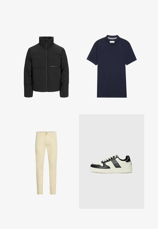 Svart boblejakke med høy krage, frontåpning med glidelås og kviltet design. Glatt stoff med en subtil logo på brystet.; Mørkeblå poloskjorte laget av teksturert stoff, med en tre-knapps placket, korte ermer og stripete kragedetalj.; Beige bomullsbukser med slim fit, med standard midjebånd, to frontlommer og en baklomme, avsluttet med knappeåpning.; Lædersneakers med sort og creme farveskema, der har perforerede detaljer, en polstret krave og en struktureret ydersål.