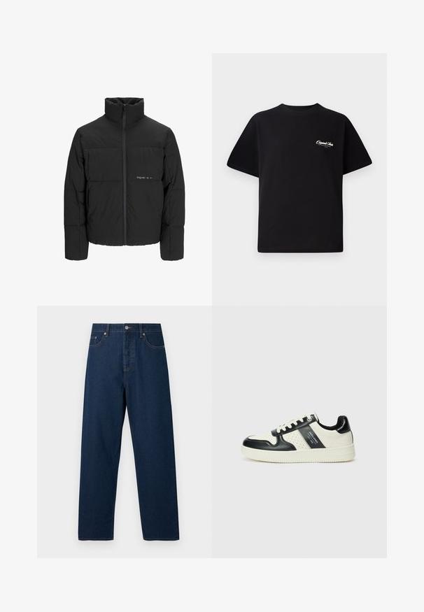 Melnā pūka jaka ar augstu apkakli, priekšējo rāvējslēdzēju un quilted dizainu. Gluda auduma virsma ar maigu logotipu uz krūšu daļas.; Melnas kokvilnas t-krekls ar apaļu kakla izgriezumu, īsām piedurknēm un maziem baltiem logotipa uzrakstiem kreisajā krūšu daļā. Vienkāršs dizains, klasiskā piegriezne.; Tumši zili džinsi ar taisnu griezumu, piecām kabatām un pogu aizdari. Iezīmējas ar kontrastējošu uzšūšanu un klasisku jostasvietu.; Ādas sporta apavi ar melnbaltu krāsu shēmu, ar perforētiem akcentiem, mīkstinātu apkakli un teksturētu zoli.