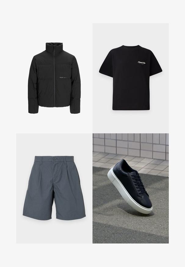 Svart puffjacka med hög krage, främre dragkedjestängning och quiltat mönster. Slätt tyg med en subtil logotyp på bröstet.; Svart bomull t-shirt med rund halsringning, korta ärmar och liten vit logotext på vänster bröst. Enkel design, klassisk passform.; Grå shorts i lättviktig tyg, med knäppning framtill, två sidofickor och rak skärning.; Svart lädersneaker med rundad tå och vit gummisula. Har platta snören och minimal sömnad på ovansidan. Texturerad sula för grepp.