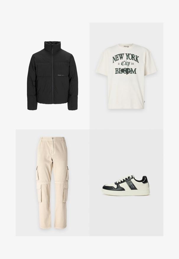 Černá péřová bunda s vysokým límcem, předním zipem a prošívaným designem. Hladká tkanina se subtilním logem na hrudi.; Krémové bavlněné tričko s krátkým rukávem, s potiskem s nápisem "NEW YORK město v KVĚTU" v tmavě zelené barvě.; Beige cargo kalhoty vyrobené z bavlny. Obsahují boční kapsy, rovný střih nohavic a zapínání na knoflík v pase. Jednoduché švy.; Kožené tenisky s černobílou barevnou kombinací, které mají perforované detaily, polstrovaný límec a texturovanou podrážku.