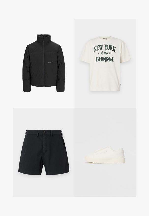 Svart puffjacka med hög krage, främre dragkedjestängning och quiltat mönster. Slätt tyg med en subtil logotyp på bröstet.; Krämfärgad bomullströja med kort ärm, som har ett tryckt motiv med texten "NEW YORK en stad i BLOOM" i mörkgrön.; Svarta bomullsshorts med knappad midja, sidofickor och rak passform. Slät textur med en minimalistisk estetik.; Vita slip-on sneakers med en texturerad yta, en tjock sula och minimalistisk design. Har varumärkeslogotypen på sidan.