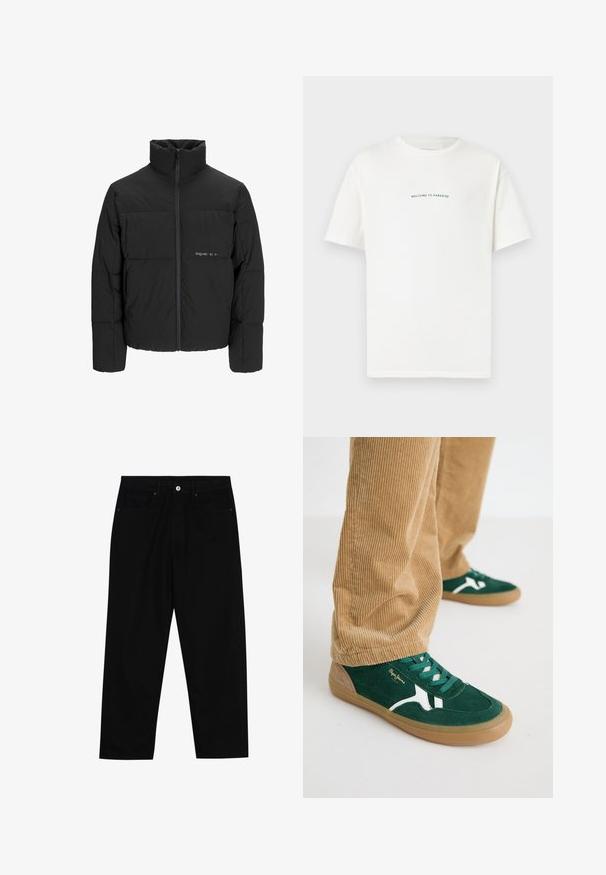 Melnā pūka jaka ar augstu apkakli, priekšējo rāvējslēdzēju un quilted dizainu. Gluda auduma virsma ar maigu logotipu uz krūšu daļas.; Baltā kokvilnas T-kreklā ar īsām piedurknēm un apaļu kakla izgriezumu. Centrāls teksts lasa "LAIPNI LŪDZAM PARADĪZĒ" zaļā, izliekta fontā.; Melni džinsi ar taisnu kāju griezumu, piecu kabatu dizainu un priekšēju pogu aizdari. Gluda tekstūra ar minimālu šuvju detaļu skaitu.; Zaļi zamšādas sporta apavi ar baltām akcentiem un zaļām šņorēm. Gumijas zole, apaļa purngala forma un brūni akcenti uz papēža. Valkāti ar korduroja biksēm.