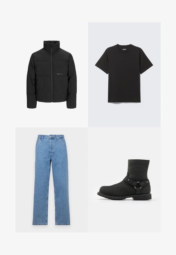 Black puffer jacket featuring a high collar, front zip closure, and quilted design. Smooth fabric with a subtle logo on the chest.; Black short-sleeve T-shirt made of soft cotton, featuring a round neckline and simple design without patterns or accents.; Light blue denim straight-leg jeans with a classic five-pocket design, featuring a front button closure and belt loops. Smooth texture.; Harley Davidson SCOUT RVLTN RIDING APPROVED - Cowboy/biker ankle boot - black