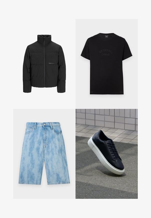 Black puffer jacket featuring a high collar, front zip closure, and quilted design. Smooth fabric with a subtle logo on the chest.; Black cotton t-shirt with short sleeves and a round neckline. Features "ORIGINALS Studio" embossed in tonal lettering on the front.; Light blue denim shorts with a faded wash, featuring a standard waistband, front pockets, and a loose fit. No visible patterns or hardware.; Black leather sneaker with rounded toe and white rubber sole. Features flat laces and minimal stitching on the upper. Textured sole for grip.