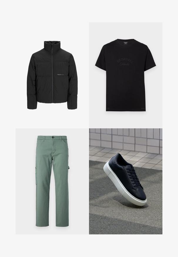 Zwarte pufferjas met een hoge kraag, ritssluiting aan de voorkant en een quilted design. Glad materiaal met een subtiel logo op de borst.; Zwarte katoenen t-shirt met korte mouwen en een ronde hals. Kenmerkt zich door "ORIGINALS Studio" in ton-sur-ton letters op de voorkant.; Groene cargobroek van duurzame stof, met een rechte pijpdesign, zijzakken en een knoopsluiting. Gladde textuur en minimalistische stijl.; Zwarte leren sneaker met een ronde neus en een witte rubberen zool. Voorzien van platte veters en minimale stiksels op het bovenwerk. Textuurrijke zool voor grip.