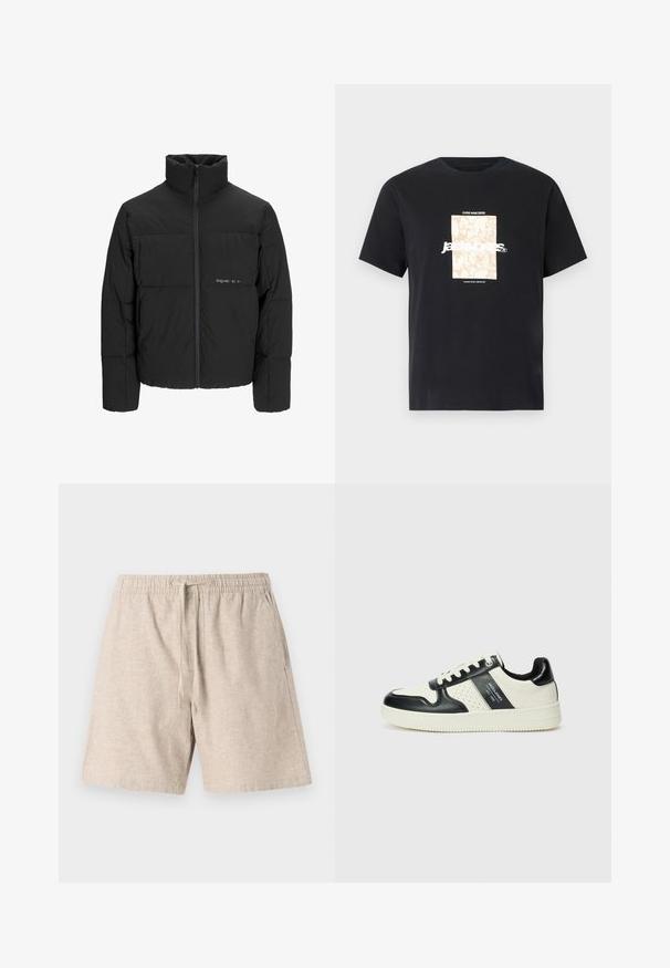Čierna puffová bunda s vysokým golierom, predným zipsom a prešívaným dizajnom. Hladká tkanina s jemným logom na hrudi.; Čierne bavlnené tričko s okrúhlym výstrihom. Na prednej strane sa nachádza béžová obdĺžniková grafika s bielym textom "JAWO," ktorý je umiestnený na stred. Krátke rukávy.; Bežové ľanové šortky s elastickým pásom, šnúrkou na stiahnutie, bočnými vreckami a textúrovanou tkaninou. Neformálny dizajn, dĺžka po kolená.; Kožené tenisky v čierno-krémovej farbe, s perforovanými akcentmi, polstrovaným golierom a štruktúrovanou podrážkou.