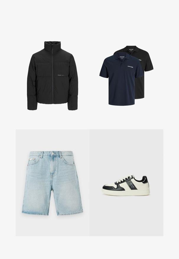 Mustra musta puffer-jakk, millel on kõrge krae, eesne tõmblukku ja tikandiga disain. Sile kangas, millel on rindkeres diskreetne logo.; Kaks polo särki: üks tumepunane valge logoga ja üks must. Mõlemal on klassikaline krae ja lühikesed varrukad, valmistatud kergest kangast.; Hallika sinise denimi lühikesed püksid laia lõikega, millel on ees taskud, nööbiga sulgemine ja minimaalne pleekimine.; Nahatud nahkkingad musta ja kreemi värviskeemiga, millel on perforeeritud aktsendid, pehme krae ja tekstureeritud tallad.