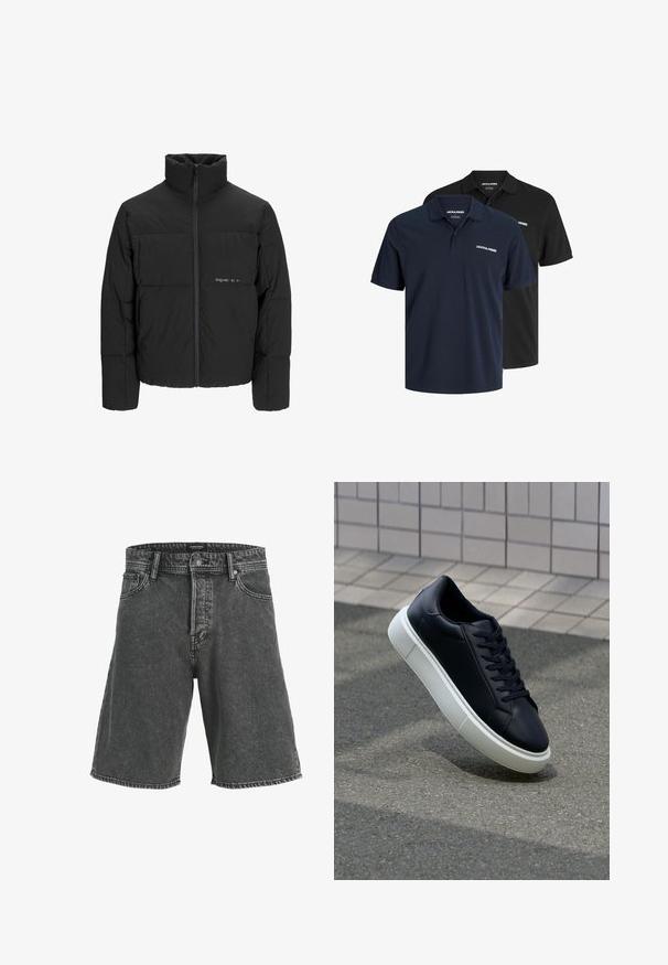 Črni pufast plašč z visokim ovratnikom, sprednjim zadrgo in prešitjem. Gladka tkanina z diskretnim logotipom na prsih.; Dve polo majice: ena mornarsko modra z belo oznako in ena črna. Obe imata klasičen ovratnik in kratke rokave, izdelani so iz lahkega materiala.; Črne jeans kratke hlače z udobnim krojem, opremljene z zapenjanjem na gumb, dvema sprednjima žepoma in subtilnim zbledelim vzorcem. Klasična zasnova s petimi žepi.; Črne usnjene superge z zaobljenim prstom in belim gumijastim podplat. Imajo ravne vezalke in minimalno šivanje na zgornjem delu. Teksturirani podplat za oprijem.