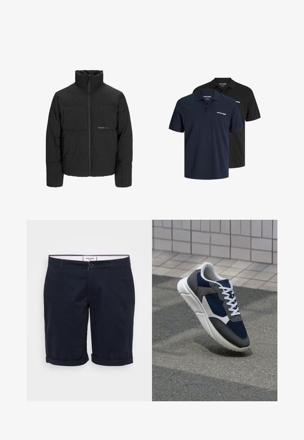 Doudoune noire avec un col haut, fermeture éclair sur le devant et design matelassé. Tissu lisse avec un logo subtil sur la poitrine.; Deux polos : un bleu marine avec un logo blanc et un noir. Les deux présentent un col classique et des manches courtes, fabriqués en tissu léger.; Shorts bleu marine en tissu coton, avec un devant plat, des ourlets roulés et une fermeture à un bouton à l'avant.; Baskets avec une tige en mesh bleu marine, des accents en suède gris, une semelle en caoutchouc blanc et des lacets plats blancs, conçues pour le confort et la respirabilité.