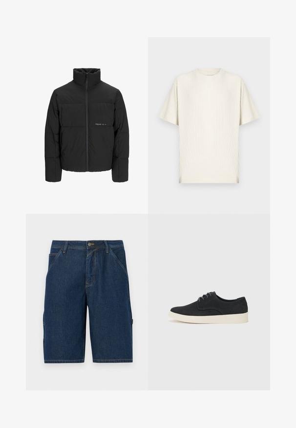Crna puffer jakna s visokim ovratnikom, prednjim zatvaračem i kviltanim dizajnom. Glatka tkanina s suptilnim logotipom na prsima.; Kremasti, rebrasti, kratkih rukava, majica s okruglim ovratnikom i opuštenim krojem, prikazana na jednostavnoj svijetloj pozadini.; Tamno plave traperice kratke hlače ravnog kroja, s dva prednja džepa, petljama za remen i bočnim džepom s preklopom.; Crne nubuk cipele s vezicama i okruglim nosom, lagana kremasta srednja podrška i suptilni plavi šavovi na gornjem dijelu.