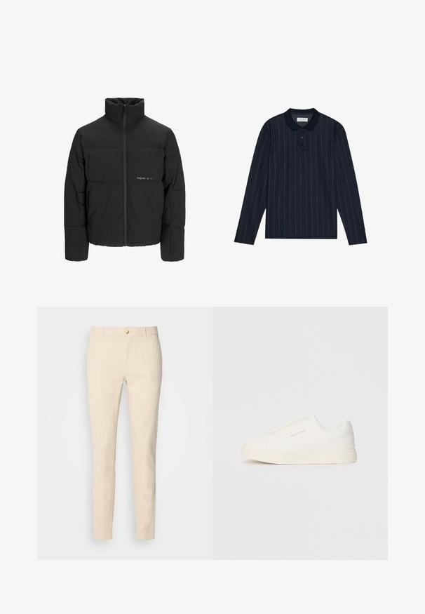 Mustra musta puffer-jakk, millel on kõrge krae, eesne tõmblukku ja tikandiga disain. Sile kangas, millel on rindkeres diskreetne logo.; Tumesinise pika varrukaga polo särk, millel on kraelõige, õhukesed vertikaalsed triibud ja kolme nupuga klapp. Pehme kangastekstuur.; Scotch & Soda ESSENTIAL MOTT - Chino-püksid - parchment; Valged libisemiskindlad tossud tekstuuriga pinnaga, paksu tallaga ja minimalistikus disainis. Küljel on brändi logo.