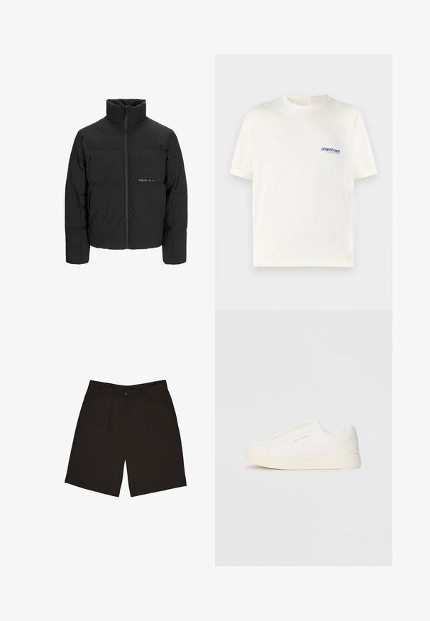 Juodas pūkinis švarkas su aukštu apykakle, priekiniais užtrauktukais ir kvadratinės siuvimo dizainu. Lygus audinys su subtiliu logotipu krūtinėje.; Kreminės spalvos trumpomis rankovėmis marškinėliai, pagaminti iš minkštos medvilnės, su mažu mėlynu atspaudu kairėje krūtinės pusėje. Klasikinio apvalaus kaklo dizainas.; Juodi šortai, pagaminti iš lygaus audinio, su vienu priekiniu mygtuku, klostėmis ir šoninėmis kišenėmis, sukurti patogiam prigludimui.; Baltos slip-on sportbačiai su tekstūruota paviršiumi, storesniu padu ir minimalistišku dizainu. Šone matosi prekės ženklo logotipas.
