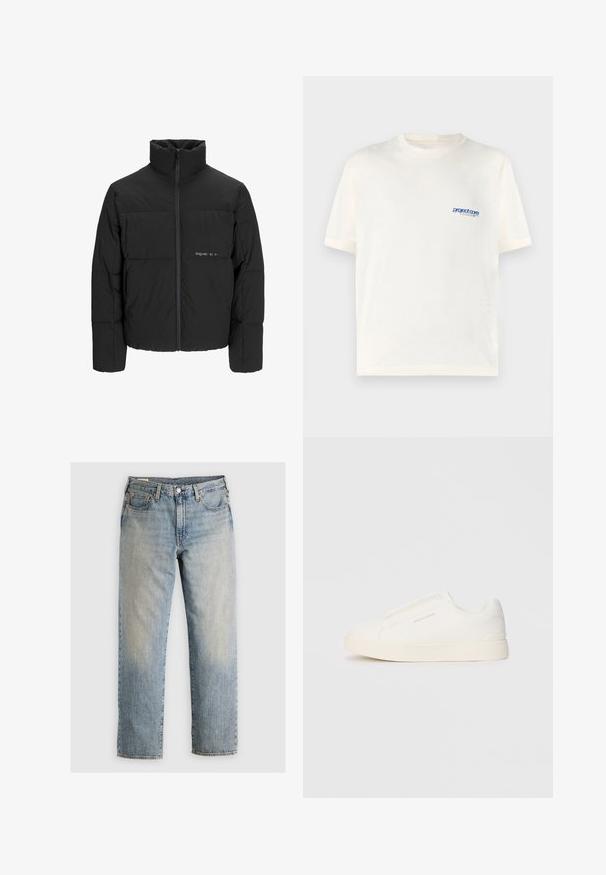 Črni pufast plašč z visokim ovratnikom, sprednjim zadrgo in prešitjem. Gladka tkanina z diskretnim logotipom na prsih.; Kratka kremna majica s kratkimi rokavi, izdelana iz mehkega bombaža, z majhnim modrim potiskanim logotipom na levi strani prsnega koša. Klasična zasnova s krožnim ovratnikom.; Svijetloplavi traperice s ravnim nogavicama, pet pocket stilom i vidljivim šavovima. Izbleđeni pranje i detalji u mesinganom hardveru.; Bele zapete brez vezalk z teksturirano površino, debelim podplatom in minimalističnim dizajnom. Na strani se nahaja logotip blagovne znamke.