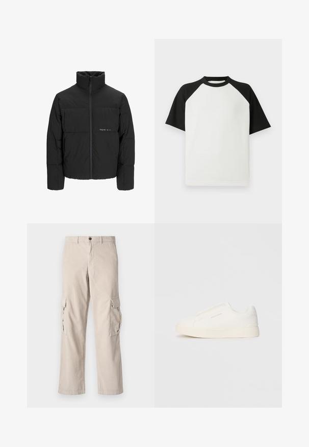 Crna puffer jakna s visokim ovratnikom, prednjim zatvaračem i kviltanim dizajnom. Glatka tkanina s suptilnim logotipom na prsima.; Crna i bijela majica s kratkim rukavima s rebrastom teksturom; ima raglan rukave i okrugli izrez.; Bež traperice s kargo krojem, s dva bočna džepa, zatvaranjem na gumb i širokim nogavicama; sadrži vertikalni rebrasti uzorak.; Bijele slip-on tenisice s teksturiranom površinom, debelim đonom i minimalističkim dizajnom. Sadrže logo branda sa strane.