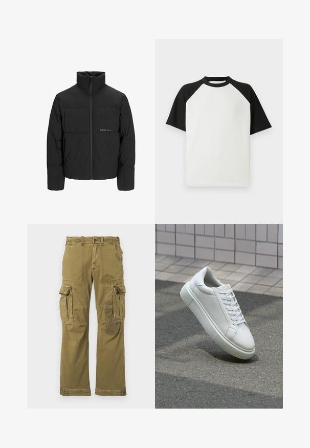 Černá péřová bunda s vysokým límcem, předním zipem a prošívaným designem. Hladká tkanina se subtilním logem na hrudi.; Černé a bílé tričko s krátkým rukávem s žebrovanou strukturou; má raglánové rukávy a kulatý výstřih.; Olivově zelené cargo kalhoty s mnoha kapsami, obsahující vzorovanou nášivku na pravé noze a zesílené švy. Pohodlný střih a textilie.; Bílé kožené tenisky s hladkým povrchem, kulatou špičkou a plochými bílými tkaničkami. Disponují texturovanou gumovou podrážkou a minimálními designovými prvky.