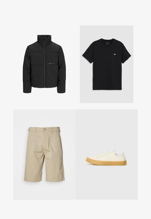 Doudoune noire avec un col haut, fermeture éclair sur le devant et design matelassé. Tissu lisse avec un logo subtil sur la poitrine.; T-shirt en coton noir à manches courtes, col rond, présentant un petit logo blanc Levi's sur la poitrine, texture lisse, coupe classique.; Shorts en coton beige avec une coupe droite, fermeture à bouton, passants de ceinture et deux poches latérales. Texture lisse et design à longueur de genou.; Des baskets en toile couleur écru avec un bout rond, dotées de semelles en caoutchouc beige et de cinq œillets pour les lacets, avec une finition texturée sur la tige.