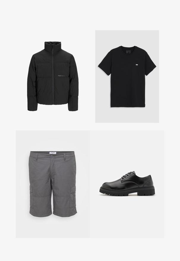 Svart boblejakke med høy krage, frontåpning med glidelås og kviltet design. Glatt stoff med en subtil logo på brystet.; Svart bomulls t-skjorte med korte ermer, rund halslinning, har en liten hvit Levi's-logo på brystet, glatt tekstur, klassisk passform.; Grå cargo shorts laget av lett materiale, med knapplukking, to sidelommer og lommeposer på hvert bein.; Sorte lær sko med rund tå, snøring og en tykk, teksturert gummisåle. Har søm langs kanten og en glatt overflate.