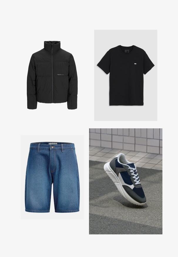 Black puffer jacket featuring a high collar, front zip closure, and quilted design. Smooth fabric with a subtle logo on the chest.; Black cotton t-shirt with short sleeves, round neckline, features a small white Levi's logo on the chest, smooth texture, classic fit.; Denim shorts featuring a dark blue wash, classic five-pocket design, zip fly with button closure, and contrasting stitching.; Sneaker featuring a navy blue mesh upper, gray suede accents, white rubber sole, and flat white laces, designed for comfort and breathability.