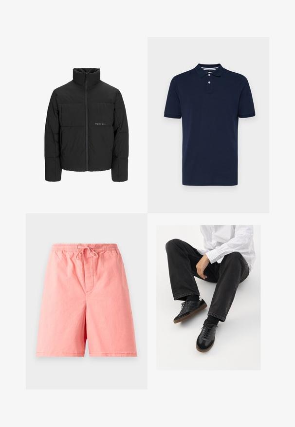 Musta puhvijakku, jossa on korkea kaulus, etuvetoketju ja tikattu muotoilu. Sileä kangas, jossa on hienovarainen logo rinnassa.; Laivastonsininen lyhythihainen polo-paita, joka on valmistettu puuvillasta. Paidan kauluksessa on kolme nappia ja hienovaraiset vaakasuorat raidat.; Vaaleanpunaiset puuvillashortsit, joissa on joustava vyötärönyöri ja vetoketju, sekä yksi etutasku, jossa on ommeltu sauma.; Mustat tennarit, joissa on sileä ja teksturoitu päällyste, varustettuna kumipohjalla ja tummilla nauhoilla. Yhdistetty mustiin farkkuihin ja valko-raitaiseen paitaan.