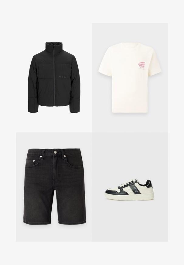 Giubbotto bomber nero con colletto alto, chiusura frontale con zip e design trapuntato. Tessuto liscio con un logo discreto sul petto.; T-shirt bianco a maniche corte con testo rosso "Studio Originals Edition" sul lato sinistro del petto, esposto su uno sfondo grigio neutro.; Shorts in denim nero con design classico a cinque tasche, bottone metallico e dettagli di cucitura discreti. Tessuto morbido, lunghezza al ginocchio.; Sneakers in pelle con una combinazione di colori nero e crema, dotati di dettagli perforati, collare imbottito e suola testurizzata.