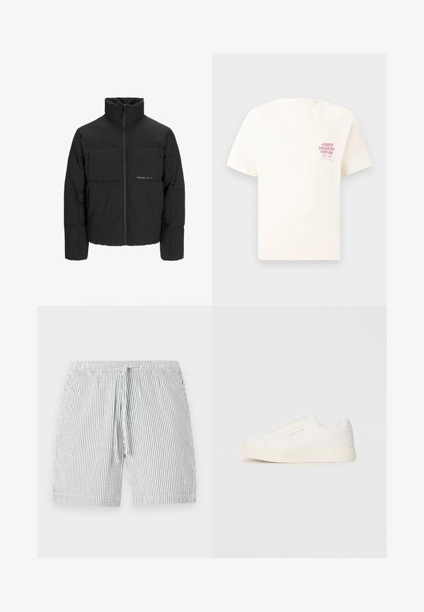Doudoune noire avec un col haut, fermeture éclair sur le devant et design matelassé. Tissu lisse avec un logo subtil sur la poitrine.; T-shirt blanc à manches courtes avec le texte rouge "Édition Originals du Studio" sur la poitrine gauche, présenté sur un fond gris neutre.; Shorts de bain rayés en gris et blanc, avec une taille élastique à cordon de serrage, conception mi-longue et matériau doux et léger.; Baskets blanches sans lacets avec une surface texturée, une semelle épaisse et un design minimaliste. Présente le logo de la marque sur le côté.
