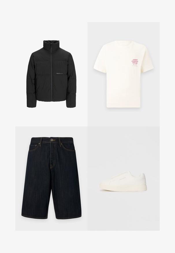 Black puffer jacket featuring a high collar, front zip closure, and quilted design. Smooth fabric with a subtle logo on the chest.; White short-sleeve T-shirt with red text "Studio Originals Edition" on left chest, displayed on a neutral gray background.; Dark denim shorts with a straight cut, featuring yellow stitching, five pockets, and a front button closure. Smooth texture.; White slip-on sneakers with a textured surface, a thick sole, and minimalistic design. Features brand logo on the side.