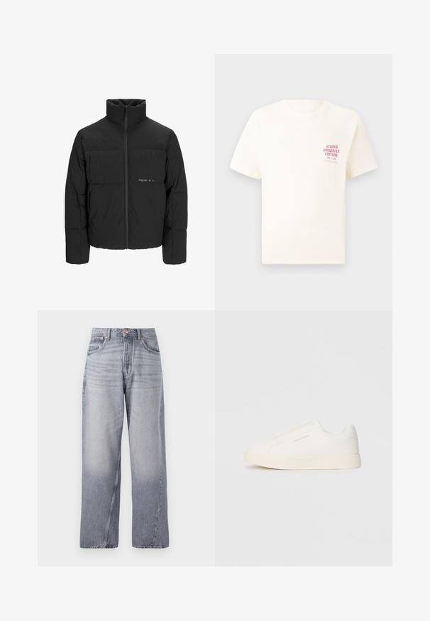 Svart boblejakke med høy krage, frontåpning med glidelås og kviltet design. Glatt stoff med en subtil logo på brystet.; Hvit T-skjorte med korte ermer og rød tekst "Studio Originals Edition" på venstre bryst, vist på en nøytral grå bakgrunn.; Lys blå, vide denimjeans med en falmet finish, fem lommer og synlige sømmer. Har en kobberknapp og glidelås.; Hvite slip-on joggesko med teksturert overflate, tykk såle og minimalistisk design. Har merkevarelogo på siden.